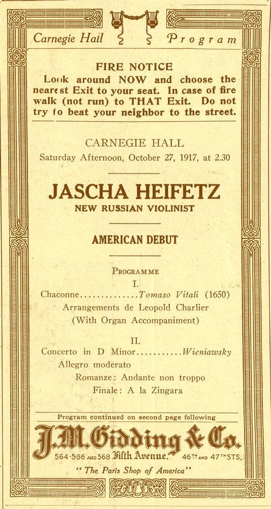 Jascha Heifetz CarnegieHall 1917