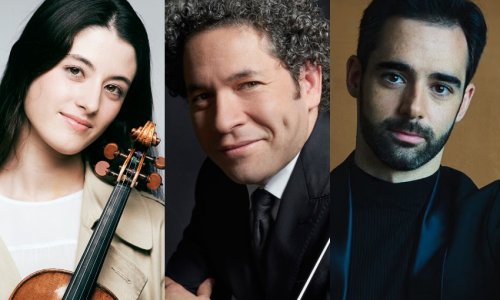 Gustavo Dudamel, María Dueñas y Pablo Ferrández, juntos en la Platja de Sant Sebastià de Barcelona